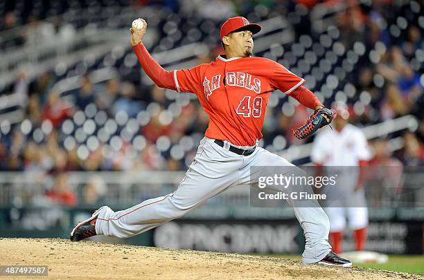 Ernesto Frieri of the Los Angeles Angels pitches against the Washington Nationals at Nationals Park on April 21, 2014 in Washington, DC.