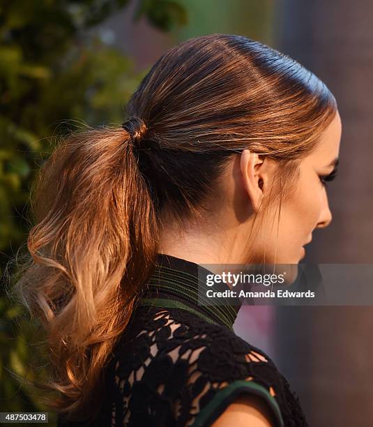 Actress Camilla Belle, hair detail, arrives at the Salvatore Ferragamo 100 Years In Hollywood celebration at the newly unveiled Rodeo Drive flagship...