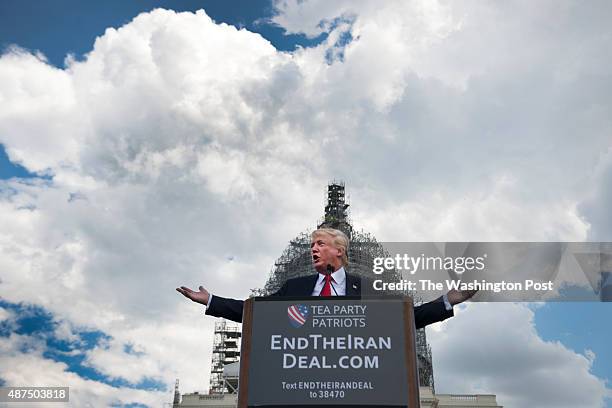 Donald Trump speaks at a the Stop The Iran Nuclear Deal protest in front of the U.S. Capitol in Washington, DC on September 9, 2015. Notables at the...