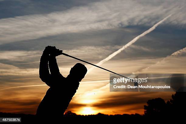 Thorbjorn Olesen of Denmark hits a practice shot on the driving range prior to Day 1 of the KLM Open held at Kennemer G & CC on September 10, 2015 in...