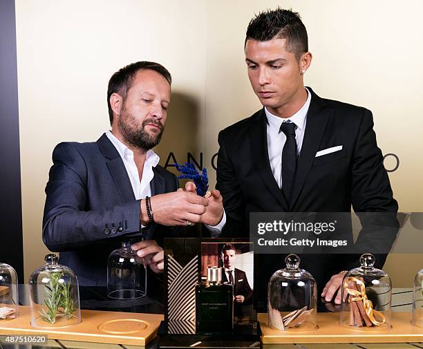 Cristiano Ronaldo and Eden Parfum perfumer discuss the fragance as he unveils his debut fragrence 'Cristiano Ronaldo Legacy' at a launch party on...
