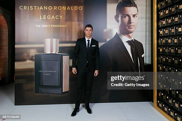 Cristiano Ronaldo poses as he unveils his debut fragrence 'Cristiano Ronaldo Legacy' at a launch party on September 9, 2015 in Madrid, Spain.