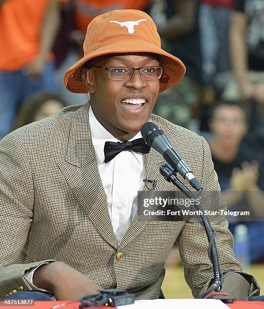 Top basketball player Myles Turner announces that he will attend and play for the University of Texas, during ESPN broadcast at Trinity High School...