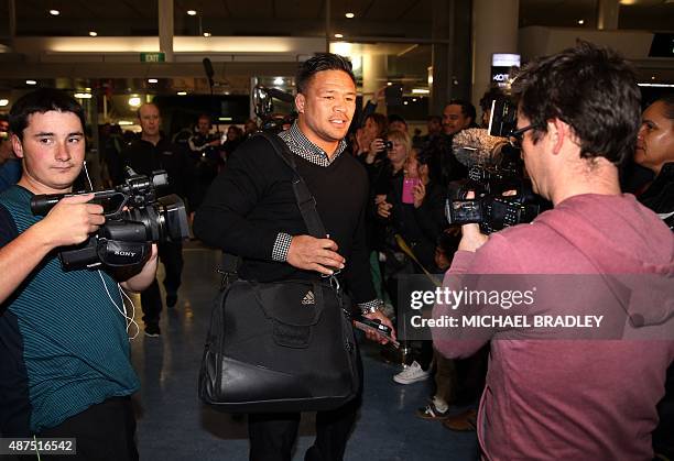 New Zealand All Blacks Keven Mealamu arrives at the Auckland International Airport in Auckland on September 10, 2015 before departing to the Rugby...