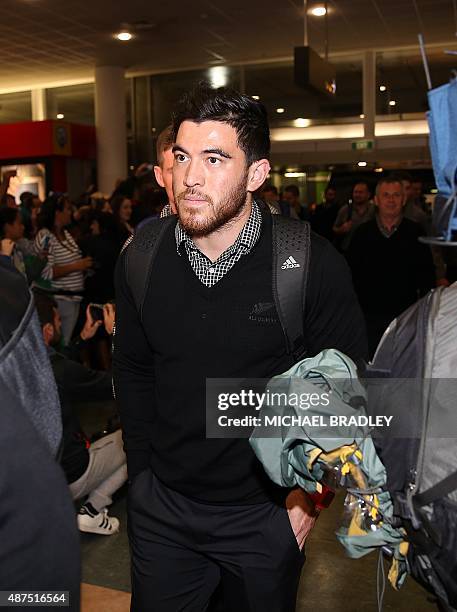 New Zealand All Blacks Nehe Milner-Skudder arrives at the Auckland International Airport in Auckland on September 10, 2015 before departing to the...