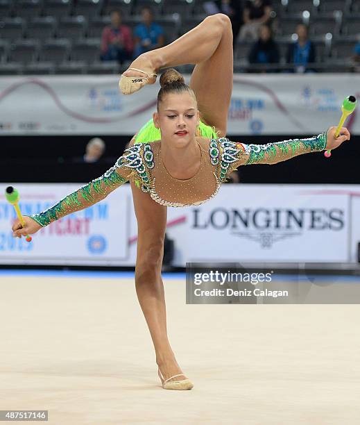 Aleksandra Soldatova of Russia competes during the 34th Rhythmic Gymastics World Championships on September 10, 2015 in Stuttgart, Germany.