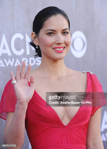 Actress Olivia Munn arrives at the 49th Annual Academy of Country Music Awards at the MGM Grand Hotel and Casino on April 6, 2014 in Las Vegas,...