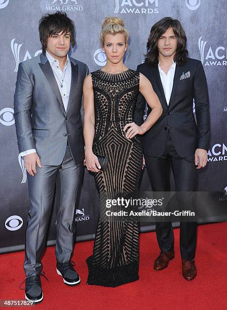 Musicians Neil Perry, Kimberly Perry and Reid Perry of The Band Perry arrive at the 49th Annual Academy of Country Music Awards at the MGM Grand...