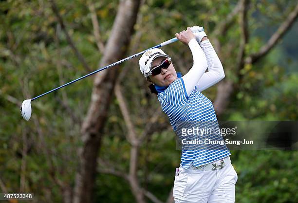 Eun-Bi Jang of South Korea plays a tee shot on the second hole during the first round of the 48th LPGA Championship Konica Minolta Cup 2015 at the...