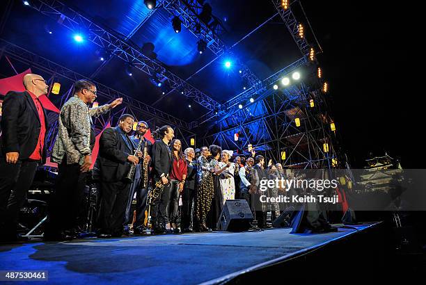 The day's performers gather on stage at the end of the 2014 International Jazz Day Global Concert on April 30, 2014 in Osaka, Japan.