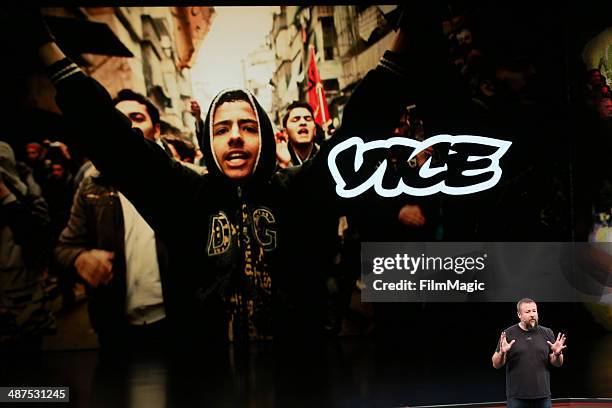 And Founder of Vice Media Shane Smith speaks on stage at Google presents YouTube Brandcast event at The Theater at Madison Square Garden on April 30,...