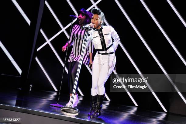 Musician Janelle Monae performs on stage at Google presents YouTube Brandcast event at The Theater at Madison Square Garden on April 30, 2014 in New...
