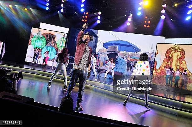 Pharrell Williams performs on stage at Google presents YouTube Brandcast event at The Theater at Madison Square Garden on April 30, 2014 in New York...