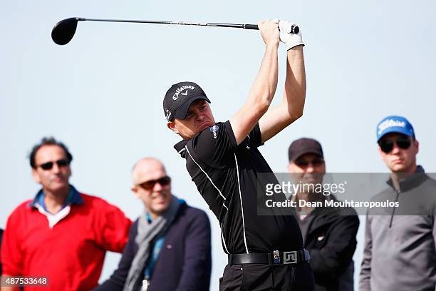James Morrison of England hits his tee shot on the 5th hole during Day 1 of the KLM Open held at Kennemer G & CC on September 10, 2015 in Zandvoort,...