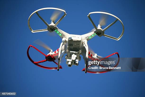 Drone is flown for recreational purposes in the sky above Old Bethpage, New York on September 5, 2015.