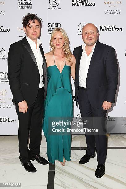 Vincent Fantauzzo, Asher Keddie and Larry Kestelman arrive for Vincent Fantauzzo's unveiling of Charlize Theron portrait dinner and red carpet event...