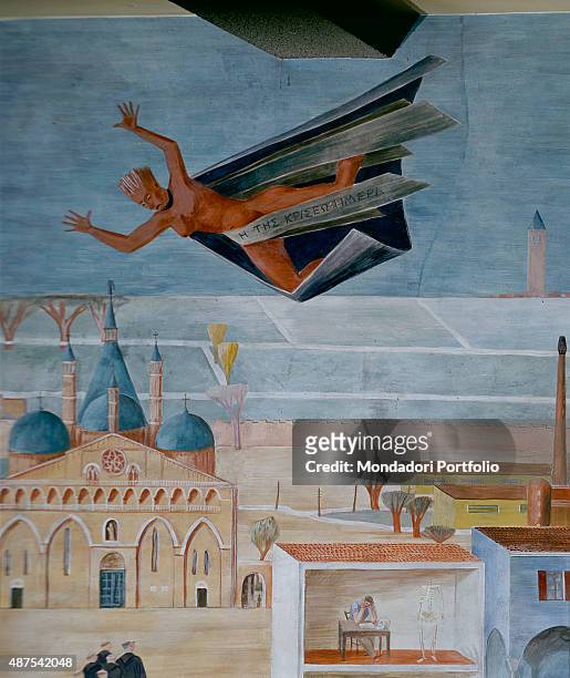 Allegory of Student Padua , by Giorgio Perissinotto, c. 1942, 20th Century, fresco Italy, Veneto, Padua, Bo Palace. Detail. Particular of a bohemian...