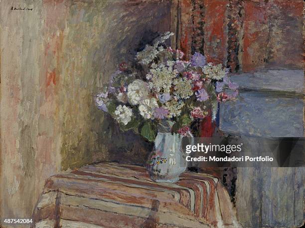 Flowers in a Vase , by Edouard Vuillard 20th Century, oil on cardboard France, Lille, Mus?e des Beaux-Arts. Whole artwork view. Still life in a...