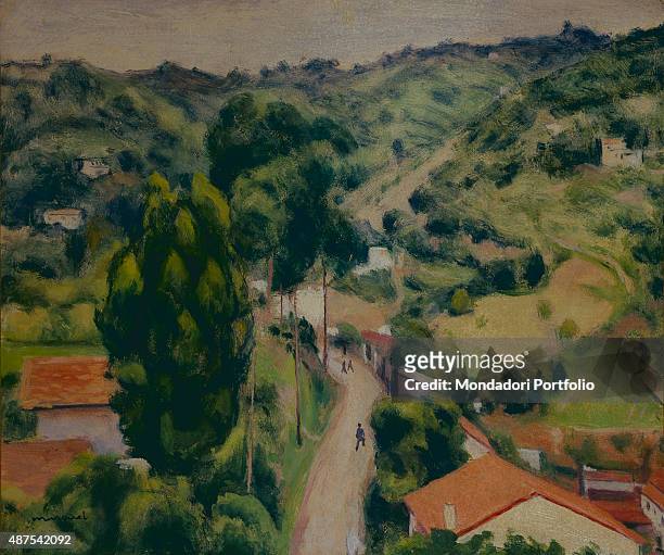 Landscape, by Albert Marquet 20th Century, oil on canvas Private collection. Whole artwork view. In the middlle of the painting, a street entering a...