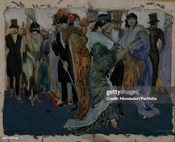 At the Exit of La Scala , by Aroldo Bonzagni 20th Century, mixed technic on paper Italy, Lombardy, Milan, Gallery of Modern Art. Whole artwork view....