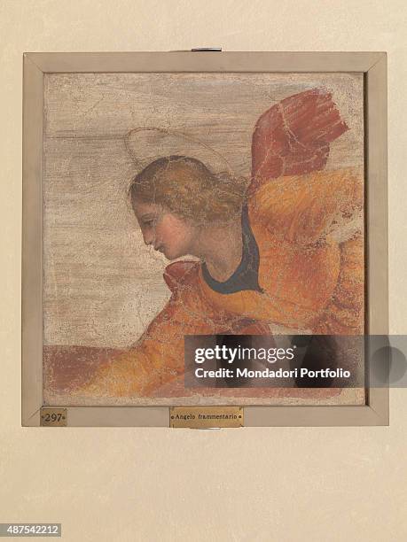 Chapel of St Joseph , by Bernardino Luini, 16th Century, fresco Italy, Lombardy, Milan, Pinacoteca di Brera. Detail. Angel with halo looking down.