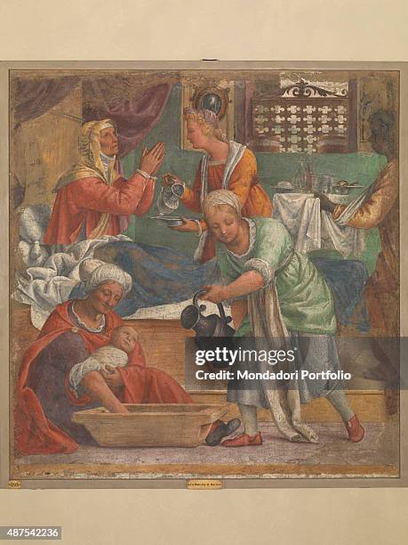 Italy, Lombardy, Milan, Pinacoteca di Brera. Detail. Nativity of the Virgin: wet nurses preparing the material to wash the newborn Mary. Saint Anne...