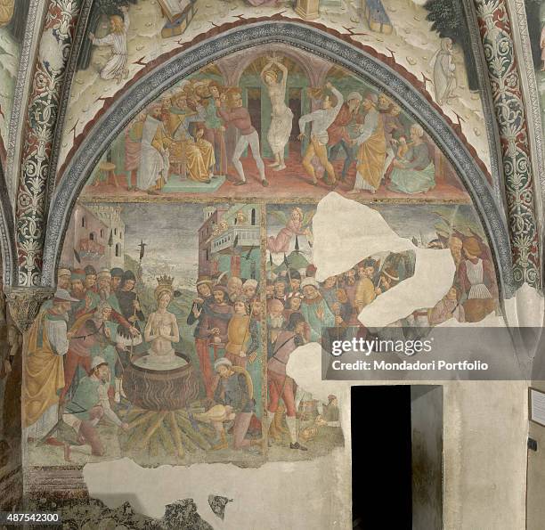 Italy, Piedmont, Serralunga di Crea, Santuario della Madonna di Crea. Detail. On the side wall, scenes from the martyrdom of Saint Margaret of...