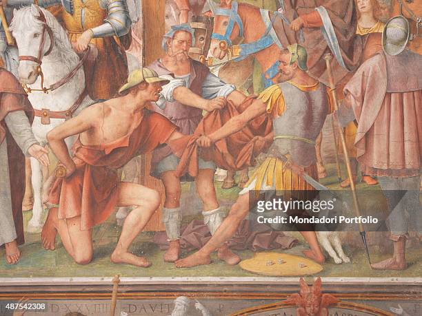 Switzerland, Lugano, Chiesa di Santa Maria degli Angeli. Detail. Some soldiers gamble with dice over the cloak of Jesus, during the Crucifixion.