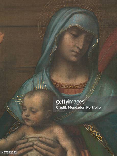 Italy, Lombardy, Como, Como Cathedral. Detail. Baby Jesus, held in Mary's lap, being worshipped by the Wise Men.