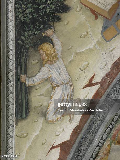 Italy, Piedmont, Serralunga di Crea, Santuario della Madonna di Crea. Detail. Detail on a web of the vault: barefoot anchorite kneeling on the ground...