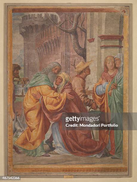 Italy, Lombardy, Milan, Pinacoteca di Brera. Detail. Saint Joachim clasping Saint Anne. Peasant with a wicker basket speaking with two women.