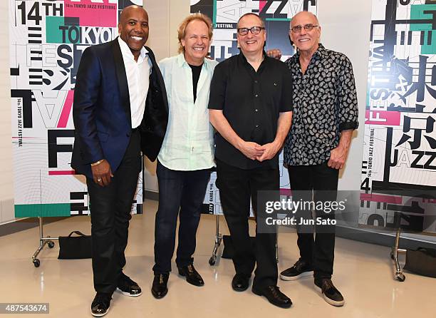 Nathan East, Lee Ritenour, Chuck Loeb and Larry Carlton pose??@for a photograph backstage during the 14th Tokyo Jazz Festival at Tokyo International...