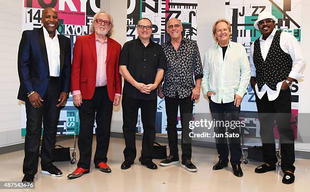 Nathan East, Bob James, Lee Ritenour, Chuck Loeb and Larry Carlton pose??@for a photograph backstage during the 14th Tokyo Jazz Festival at Tokyo...