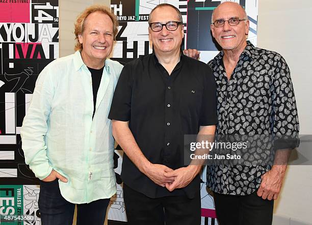 Lee Ritenour, Chuck Loeb and Larry Carlton pose??@for a photograph backstage during the 14th Tokyo Jazz Festival at Tokyo International Forum on...