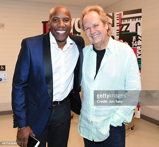 Nathan East and Lee Ritenour pose for a photograph backstage during the 14th Tokyo Jazz Festival at Tokyo International Forum on September 6, 2015 in...