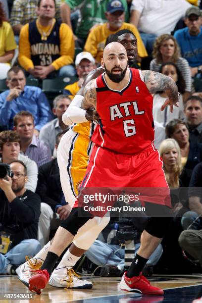 Pero Antic of the Atlanta Hawks battles for position against the Indiana Pacers during Game Five of the Eastern Conference Quarterfinals at the...