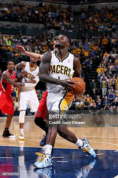 Lance Stephenson of the Indiana Pacers drives against the Atlanta Hawks during Game Five of the Eastern Conference Quarterfinals at the Bankers Life...