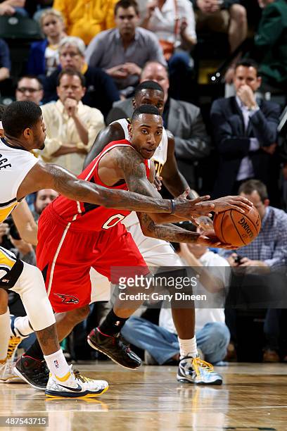Jeff Teague of the Atlanta Hawks drives against the Indiana Pacers during Game Five of the Eastern Conference Quarterfinals at the Bankers Life...