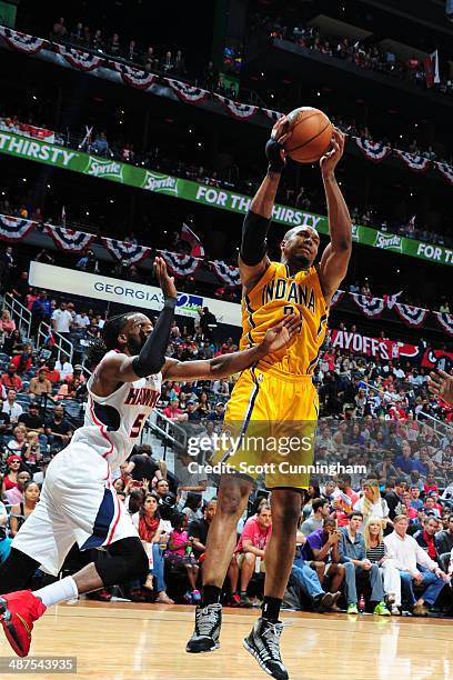 David West of the Indiana Pacers grabs a rebound against the Atlanta Hawks during Game Four of the Eastern Conference Quarterfinals on April 26, 2014...
