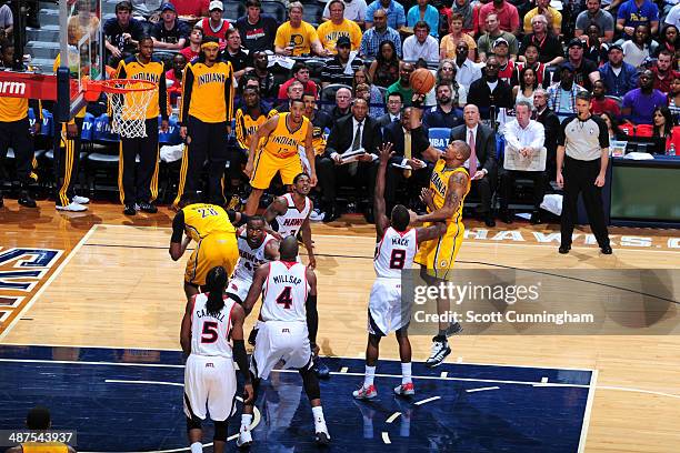 David West of the Indiana Pacers shoots against the Atlanta Hawks during Game Four of the Eastern Conference Quarterfinals on April 26, 2014 at...