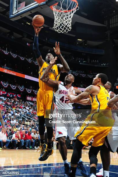 Roy Hibbert of the Indiana Pacers shoots against the Atlanta Hawks during Game Four of the Eastern Conference Quarterfinals on April 26, 2014 at...