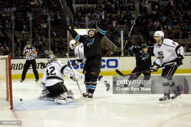 James Sheppard of the San Jose Sharks and Tommy Wingels of the San Jose Sharks celebrate after Matt Irwin of the San Jose Sharks scored a goal on...