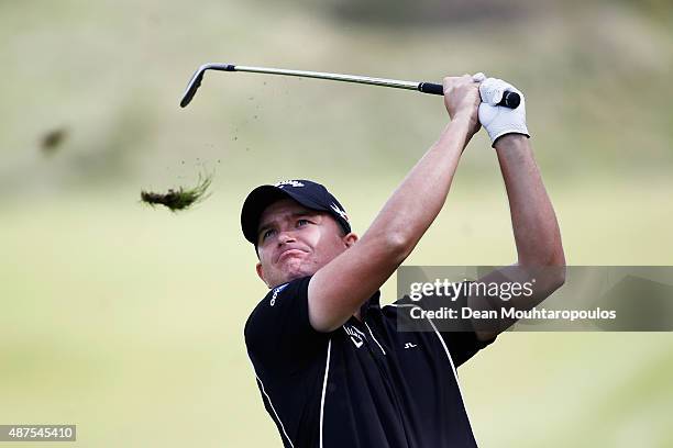 James Morrison of England hits his second shot on the 9th hole during Day 1 of the KLM Open held at Kennemer G & CC on September 10, 2015 in...