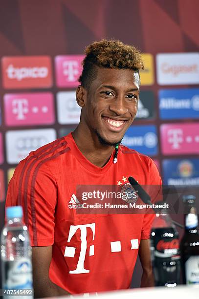 Kingsley Coman during the 'FC Bayern Muenchen Unveils New Signing Kingsley Coman' at press center of FC Bayern on September 10, 2015 in Munich,...