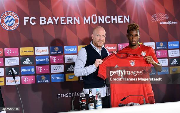 Kingsley Coman and Matthias Sammer during the 'FC Bayern Muenchen Unveils New Signing Kingsley Coman' at press center of FC Bayern on September 10,...