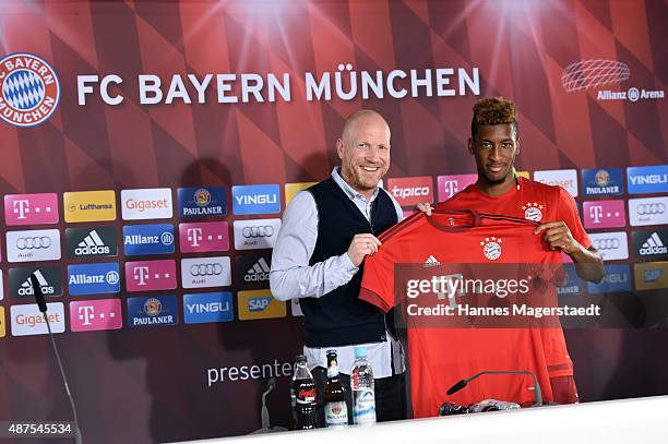 Kingsley Coman and Matthias Sammer during the 'FC Bayern Muenchen Unveils New Signing Kingsley Coman' at press center of FC Bayern on September 10,...