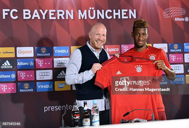 Kingsley Coman and Matthias Sammer during the 'FC Bayern Muenchen Unveils New Signing Kingsley Coman' at press center of FC Bayern on September 10,...