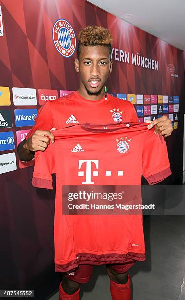 Kingsley Coman during the 'FC Bayern Muenchen Unveils New Signing Kingsley Coman' at press center of FC Bayern on September 10, 2015 in Munich,...