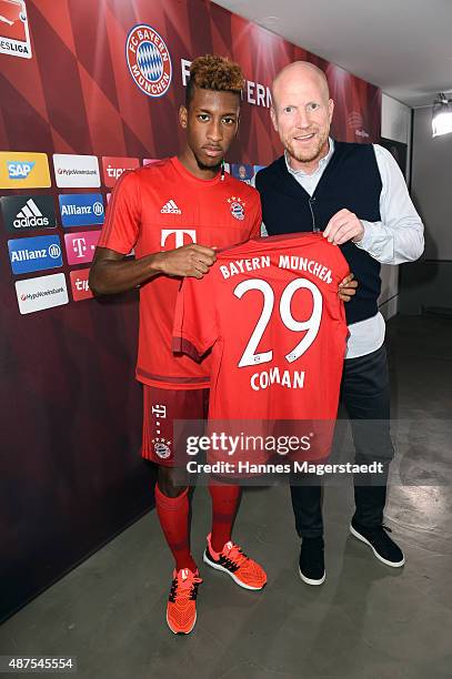 Kingsley Coman; and Matthias Sammer during the 'FC Bayern Muenchen Unveils New Signing Kingsley Coman' at press center of FC Bayern on September 10,...