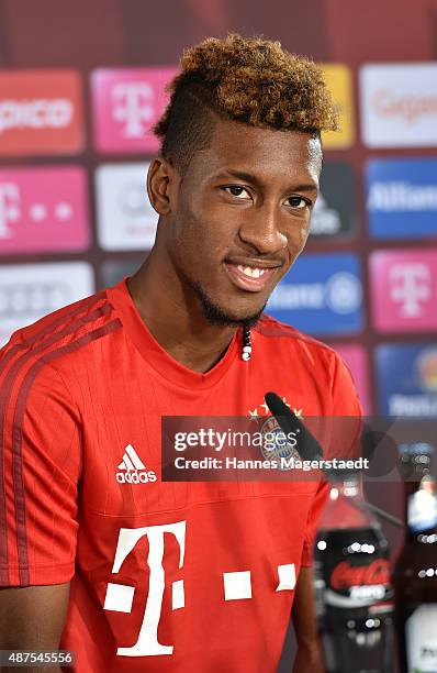 Kingsley Coman during the 'FC Bayern Muenchen Unveils New Signing Kingsley Coman' at press center of FC Bayern on September 10, 2015 in Munich,...